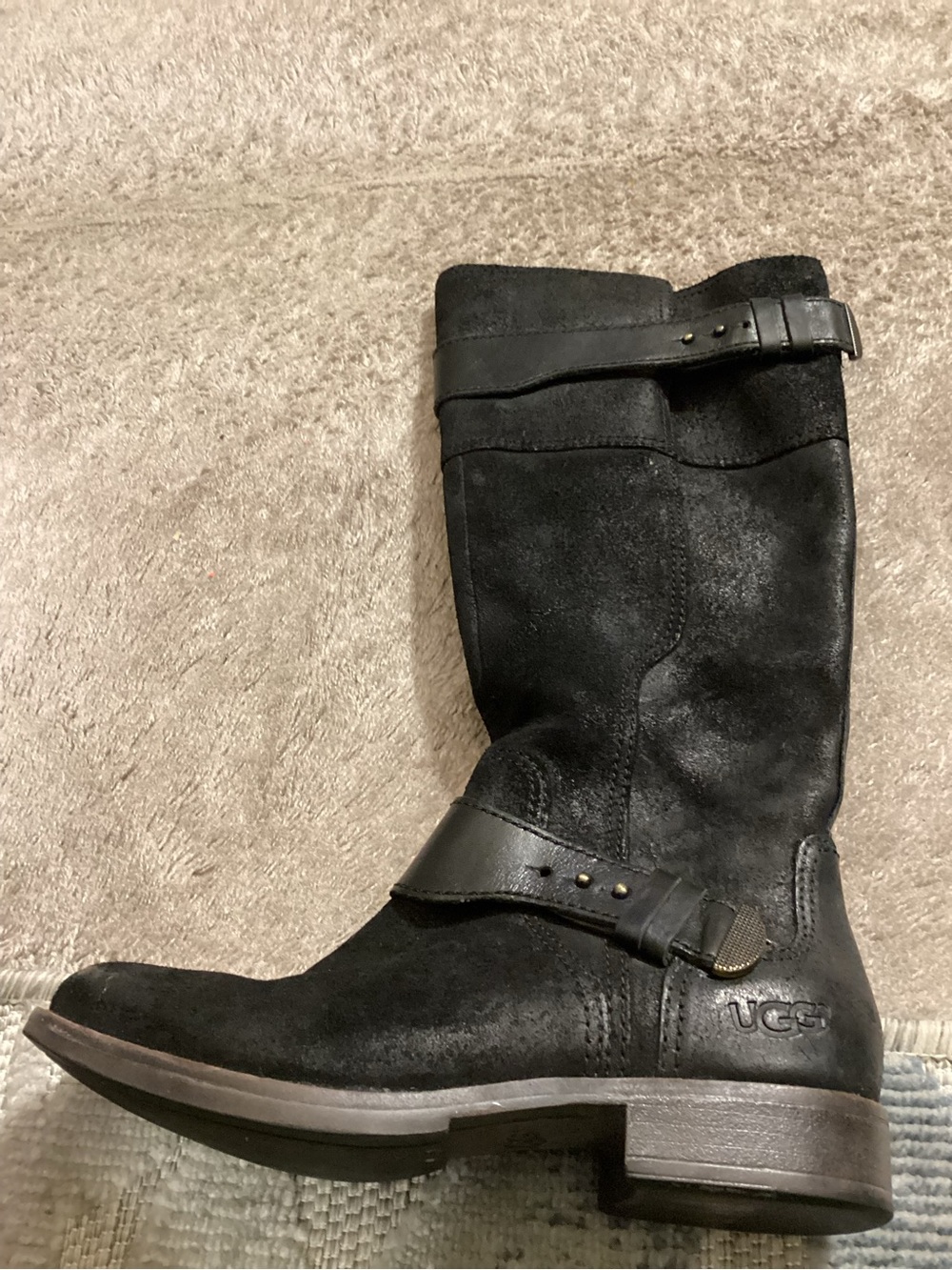 UGG Black Suede Mid-Calf Buckle Boots